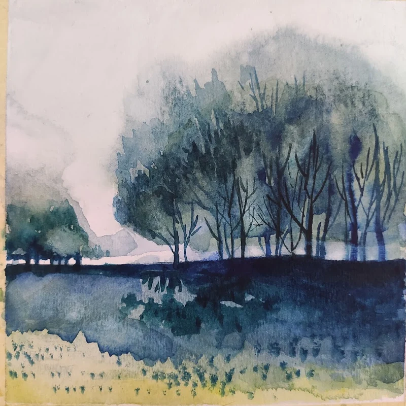 Paesaggio dipinto con alberi nei toni del blu e del verde — belle arti dal mondo di PAGANE
