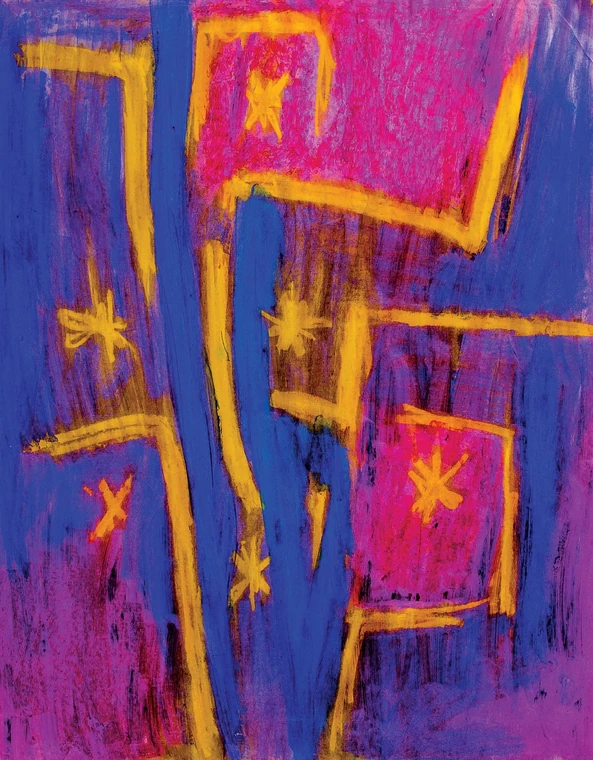 Linee gialle e piccole forme a stella su rosa e viola — dipinto di Kristiyan Petrov