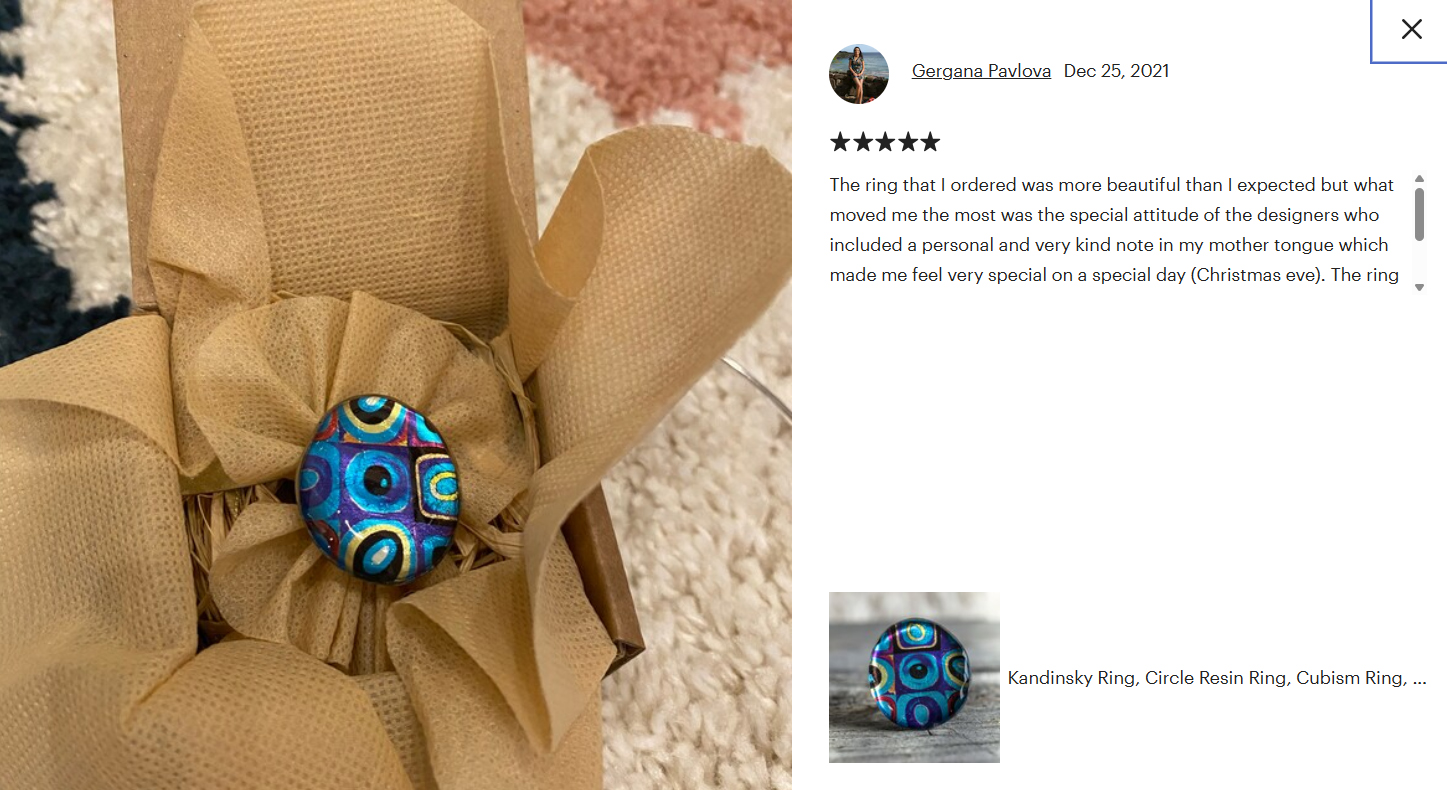 Recensione originale su Etsy con foto: anello d’arte blu