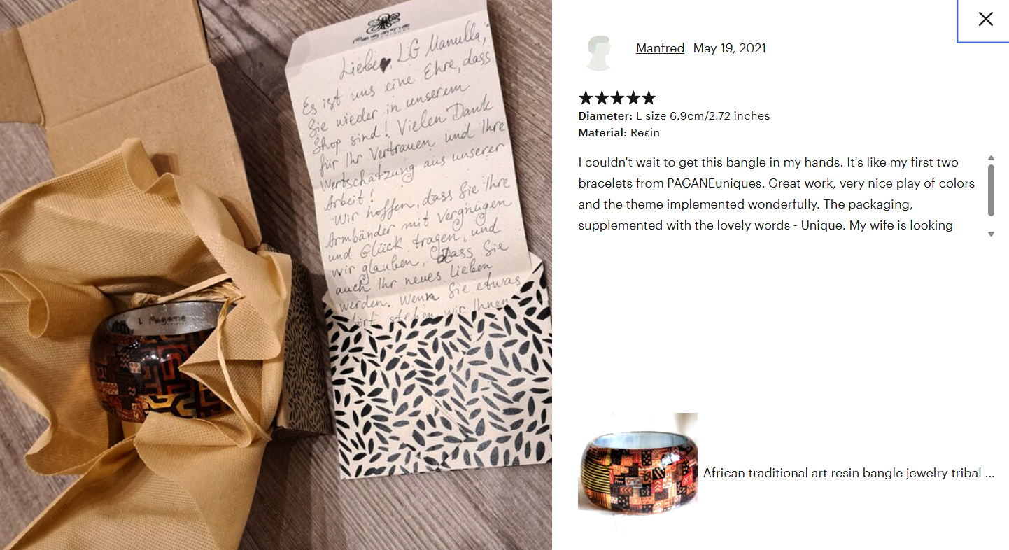 Recensione originale su Etsy con foto: bracciale e biglietto scritto a mano