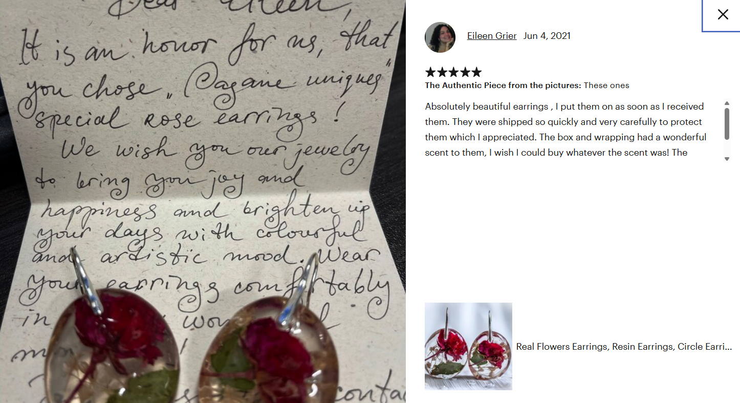 Recensione originale su Etsy con foto: orecchini con rose e biglietto personale